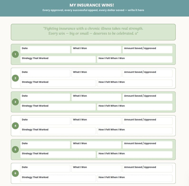 K&ouml;nnte beinhalten: Ein hellgr&uuml;ner und wei&szlig;er Planer mit dem Titel "MY INSURANCE WINS!" mit ausf&uuml;llbaren Abschnitten zur Verfolgung von Versicherungsgewinnen. Enth&auml;lt Platz f&uuml;r Daten, Strategien, Gewinne, Einsparungen und Gef&uuml;hle. Der Text "Every approval, every successful appeal, every dollar saved - write it here" ist ebenfalls enthalten.