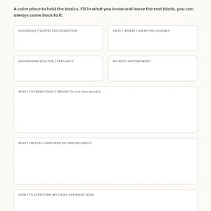 Op de afbeelding: Een printbaar medisch formulier getiteld MY DIAGNOSIS SNAPSHOT met een beige koptekst. Het bevat velden voor diagnose, arts, afspraken en secties voor persoonlijke notities over begrip, onduidelijkheden en de impact op het dagelijks leven.