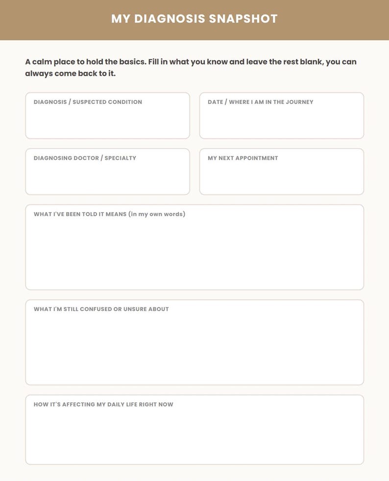 Op de afbeelding: Een printbaar medisch formulier getiteld MY DIAGNOSIS SNAPSHOT met een beige koptekst. Het bevat velden voor diagnose, arts, afspraken en secties voor persoonlijke notities over begrip, onduidelijkheden en de impact op het dagelijks leven.