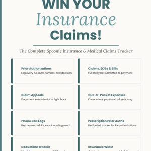 K&ouml;nnte beinhalten: Eine teal- und wei&szlig;farbene Grafik mit dem Text "WIN YOUR Insurance Claims!" und "The Complete Spoonie Insurance & Medical Claims Tracker." Die Grafik listet Funktionen wie Vorabgenehmigungen und Anspr&uuml;che, EOBs & Rechnungen auf.