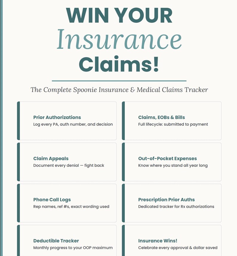 K&ouml;nnte beinhalten: Eine teal- und wei&szlig;farbene Grafik mit dem Text "WIN YOUR Insurance Claims!" und "The Complete Spoonie Insurance & Medical Claims Tracker." Die Grafik listet Funktionen wie Vorabgenehmigungen und Anspr&uuml;che, EOBs & Rechnungen auf.