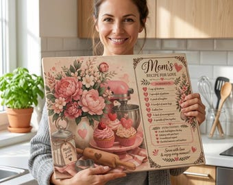 Tabla de cortar de vidrio "La receta del amor de mamá" / Decoración floral para la cocina