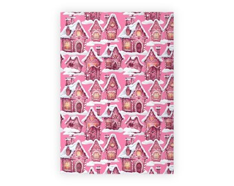Rouleaux de papier d'emballage cadeau de Noël, maison en pain d'épice rose, 1 pièce - Emballage pour cadeau de Noël, hiver