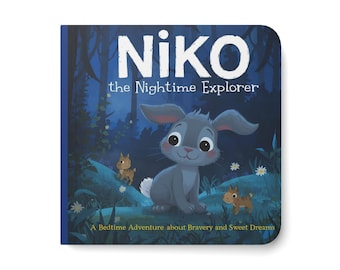 Può includere: Un libro per bambini intitolato "Niko the Nighttime Explorer" presenta un'illustrazione di un coniglietto grigio con grandi occhi. La copertina ha uno sfondo blu scuro con immagini della foresta e il testo "A Bedtime Adventure about Bravery and Sweet Dreams".