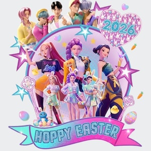 May include: A digital illustration with animated characters, some with bunny ears, and the text "HOPPY EASTER" on a banner. The image includes a heart with the year "2026" and Easter-themed elements like eggs and carrots.