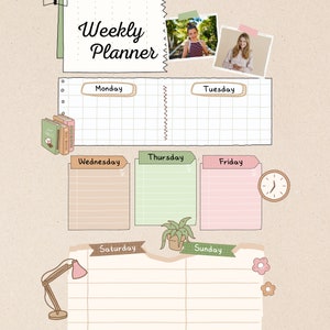 May include: A digital weekly planner with a beige background. The planner includes sections for each day of the week, with the days labeled. The words "Weekly Planner" are at the top. Decorative elements include photos, a clock, a lamp, and a potted plant.