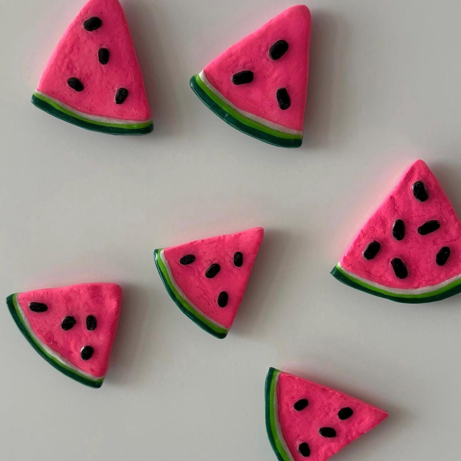 Watermelon Slice Magnets – Handmade Polymer Clay Fridge Decor with UV Resin Finish, Hot Pink & Pearlescent Green