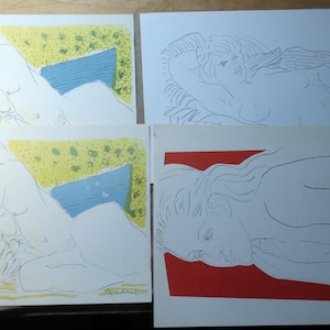 May include: Four black and white line drawings of a nude woman in different poses. The drawings are on white paper with a yellow, blue, and red background.