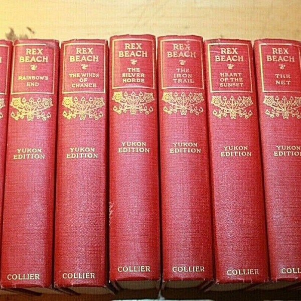 Antique Book Set REX BEACH Full SET Yukon Edition Colliers 1920's Undated Red Spines Illustrated