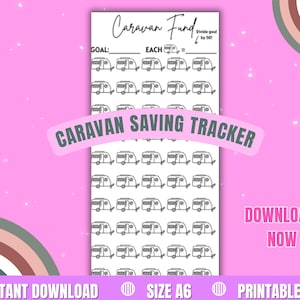 Pode incluir: Um PDF imprimível de rastreamento de economia de caravana rosa e branco com um gráfico de caravana repetido. O texto inclui "Caravan Fund", "Goal", "Each" e "Download Now". A parte inferior da imagem diz "Instant Download", "Size A6" e "Printable PDF".