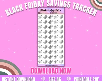 Puede incluir: Un rastreador de ahorros imprimible rosa del Black Friday con el texto "Black Friday Sales" y "Download Now". El rastreador presenta una cuadrícula de etiquetas con las palabras "Black Friday". También son visibles las palabras "Descarga instantánea", "Tamaño A6" y "PDF imprimible".