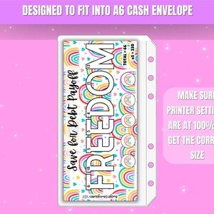 Pode incluir: Um inserto de or&ccedil;amento colorido com a palavra "FREEDOM" em letras grandes. O inserto foi projetado para caber em um envelope A6 e inclui o texto "Save for Debt Payoff". O inserto tem desenhos de arco-&iacute;ris e cora&ccedil;&otilde;es.