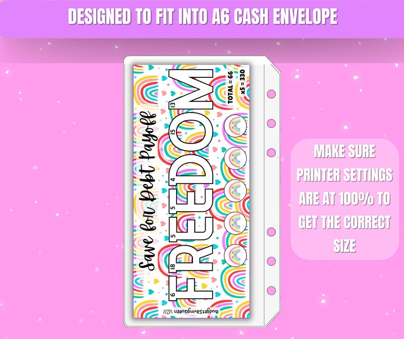 Pode incluir: Um inserto de or&ccedil;amento colorido com a palavra "FREEDOM" em letras grandes. O inserto foi projetado para caber em um envelope A6 e inclui o texto "Save for Debt Payoff". O inserto tem desenhos de arco-&iacute;ris e cora&ccedil;&otilde;es.