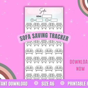 Puede incluir: Un rastreador de ahorro de sofá en PDF imprimible rosa con un fondo rosa claro y azul. El rastreador presenta una cuadrícula de ilustraciones de sofás para rastrear los objetivos de ahorro. El texto incluye "Sofa Saving Tracker", "Goal", "Instant Download" y "Download Now".