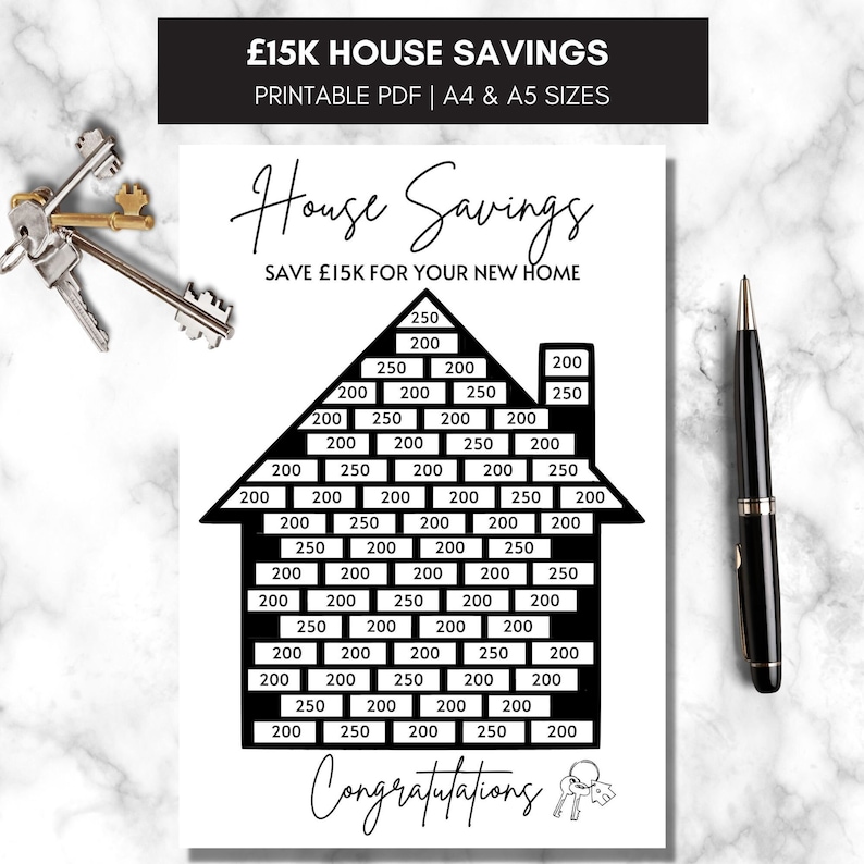 May include: Black and white printable house savings chart. The chart is shaped like a house and has numbers 200 and 250 written on each brick. The chart is designed to help people save money for a new home. The text "Congratulations" is written at the bottom of the chart.