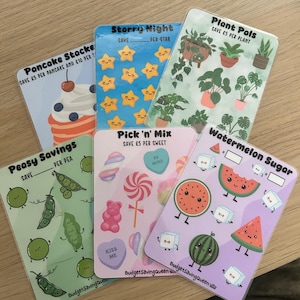 May include: Six colourful cards with illustrations of pancakes, peas, stars, plants, sweets, and watermelon. Each card has a title and a price per item. The cards are designed for a budgeting game.