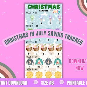 Può includere: Un tracker di risparmio PDF stampabile rosa con il testo "Christmas in July Saving Tracker". Il tracker presenta illustrazioni di coni gelato, noci di cocco, maglioni e soli. È incluso anche il testo "Download istantaneo" e "Formato A6".