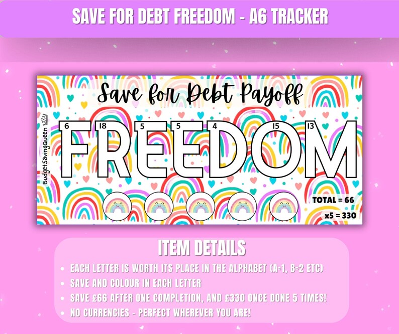 Pode incluir: Um rastreador colorido de pagamento de d&iacute;vidas com a palavra "FREEDOM" em letras grandes, cada uma com um n&uacute;mero. O design inclui arco-&iacute;ris, cora&ccedil;&otilde;es e o texto "Save for Debt Payoff". O rastreador foi projetado para economizar dinheiro.