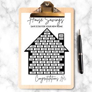 May include: A black and white printable house savings chart with the text "House Savings" and "Save &pound;15k for your new home". The chart is designed to track savings with a grid of numbers, including 200 and 250, leading to the text "Congratulations".