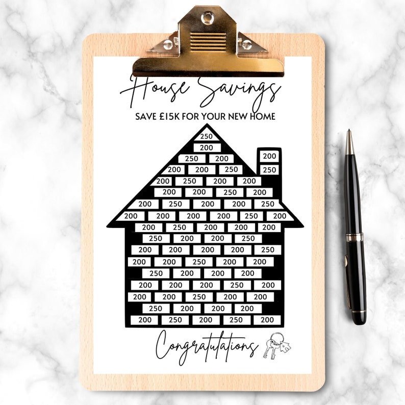 May include: A black and white printable house savings chart with the text "House Savings" and "Save &pound;15k for your new home". The chart is designed to track savings with a grid of numbers, including 200 and 250, leading to the text "Congratulations".