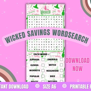 Könnte beinhalten: Ein druckbares PDF-Suchrätsel mit dem Text "Wicked Savings Wordsearch" in einem rosa und grünen Design. Das Rätsel enthält Wörter wie "Elphaba" und "Emerald". Die Wörter befinden sich in einem Raster mit rosa Hintergrund. Die Wörter "Sofort-Download" und "Jetzt herunterladen" sind ebenfalls sichtbar.
