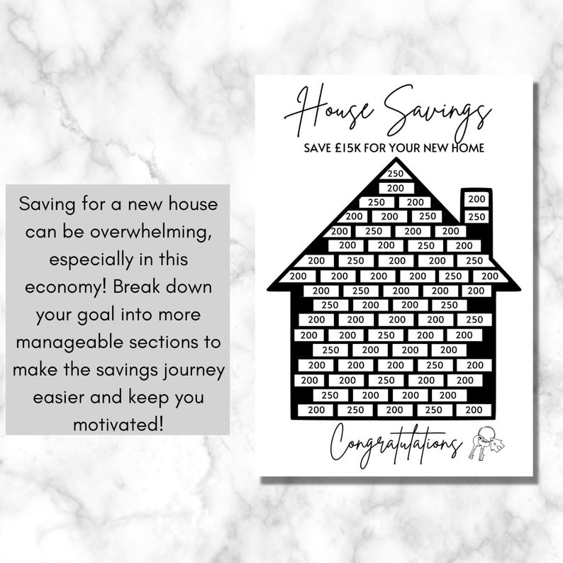 May include: A black and white printable house savings chart with the text "House Savings" and "Save &pound;15K for your new home". The chart is a visual representation of a house with a grid of numbers, including 200 and 250, to track savings progress.