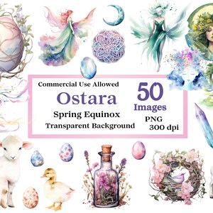 Ostara aquarel clip art set van 50 afbeeldingen PNG transparante achtergrond lente-equinox lam Keltische beelden Noorse goden godin grafische elementen