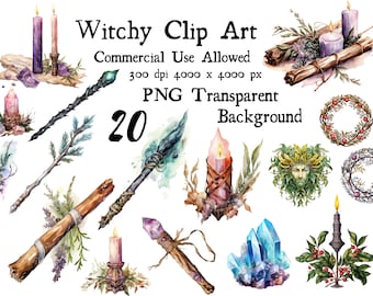 Witchy Clip Art Set of 20 Images PNG Transparent Background Watercolor Witch Clip Art Ostara Yule Celtic Norse Gods Goddess Witch's Wands