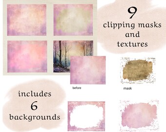 Set of 9 distressed effect clipping masks and textures png with 6 overlay textures or backgrounds jpg high resolution 300 dpi blending masks