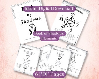 Elements Printable Book of Shadows 6 PDF Pages 8.5" x 11" Ink Saver White Background  Witchy Witch Wicca Grimoire Water Fire Earth Air