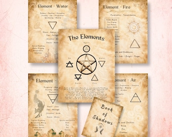 Grimoire Pages Printable Book of Shadows 4 Magick Elements PDF Pages 8.5 x 11 a4 Vintage Paper Look Background Grimoire Water Fire Earth Air