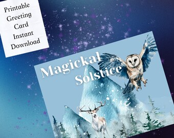 Winter Solstice Greeting Card Magickal Solstice Printable Winter Solstice Card Instant Download JPG PDF Foldable - Watercolor Stag Owl Snow