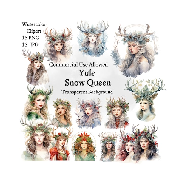 Yule Clip Art | Snow Queen Celtic Clip Art Watercolor Clip Art Yule JPG PNG Transparent Background Goddess Artemis Winter Solstice Printable