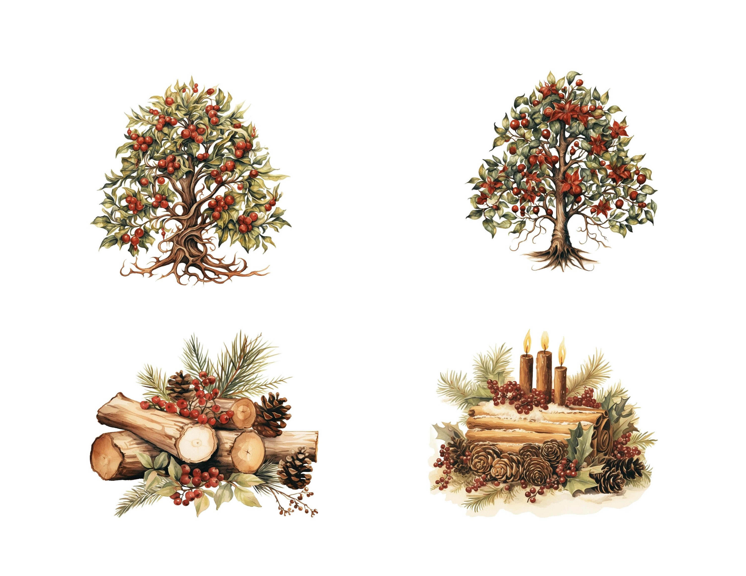 Yule Vector Yule Clip Art Watercolor 20 PNG Transparent Background + 20 JPG Yule ...