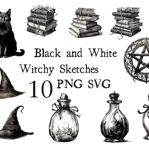 Puede incluir: Bocetos de brujas en blanco y negro, que incluyen un gato negro, un pentagrama, un sombrero de bruja y botellas de poción. También se incluye el texto "Black and White Witchy Sketches 10 PNG SVG".