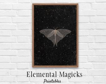 Celestial Dark Moth Printable Wall Art Instant Digital Download Whimsical Room Decor Dark Art Unique Gift for Her Large Prints Starry Night