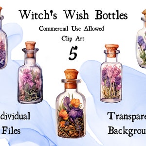 Witch's Wish Flaschen Aquarell Clip Art 5 PNG transparenten Hintergrund Witchy Clip Art Magie Clip Art Kräuter Witchcraft Instant Download