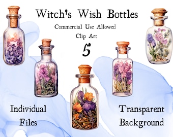 Witch's Wish Bottles Watercolor Clip Art 5 PNG Transparent Background Witchy Clip Art Magic Clip Art Herbal Witchcraft Instant Download