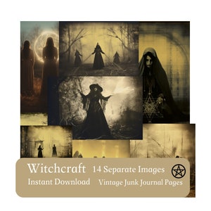May include: A collage of 14 vintage-style images featuring women in dark clothing and witchy imagery. The images are in a sepia tone and have a distressed, textured look. The text "Witchcraft" and "Instant Download Vintage Junk Journal Pages" is at the bottom of the collage.