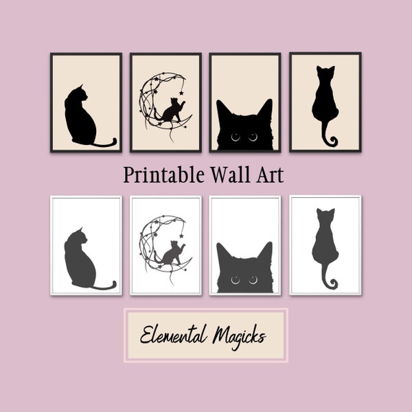 Cats Set of 4 - Black and White + Black and Light Beige Printable Wall Art Whimsical Instant Digital Download Celestial Stars Kids Room Art