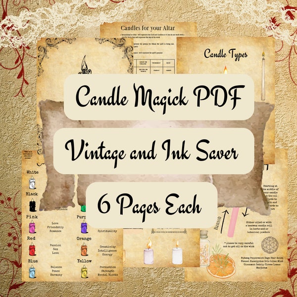 Printable Book of Shadows Pages Candle Magick 6 PDF Pages 8.5" x 11" Vintage Look and Ink Saver Witchy Grimoire Instant Digital Download