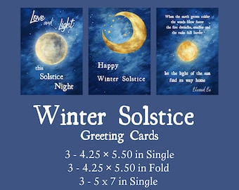 Winter Solstice Greeting Cards Printable Holiday Cards Instant Download Moon Stars Whimsical Yule Watercolor Celestial Greetings 3 Designs