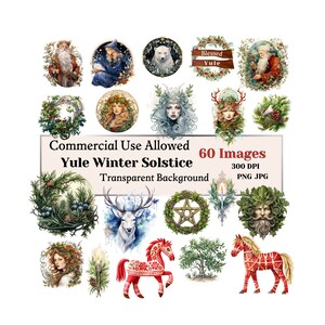 Peut inclure: Une collection de 60 images numériques illustrant des thèmes du solstice d'hiver et de Yule. Les images comprennent un ours polaire blanc, une couronne de feuilles vertes avec des baies rouges, une femme avec une couronne de feuilles, un cerf avec des bois, une couronne de feuilles vertes avec une étoile à cinq branches, un homme vert avec une barbe, un cheval rouge et blanc et un arbre avec des feuilles vertes. Les images sont en 300 DPI et disponibles aux formats PNG et JPG. Le texte "Commercial Use Allowed" et "Yule Winter Solstice" est inclus dans l'image.