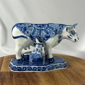 Vintage Delft Blue & White Cow Being Milked Figurine | Hand-Painted Dutch Ceramic | Holland Delftware Figurine