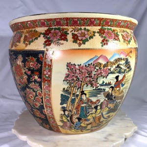 Vintage Chinese Pot – Large Hand Painted Ceramic Planter – Asian Decor – Floral & Figural Motifs – Koi Fish Interior