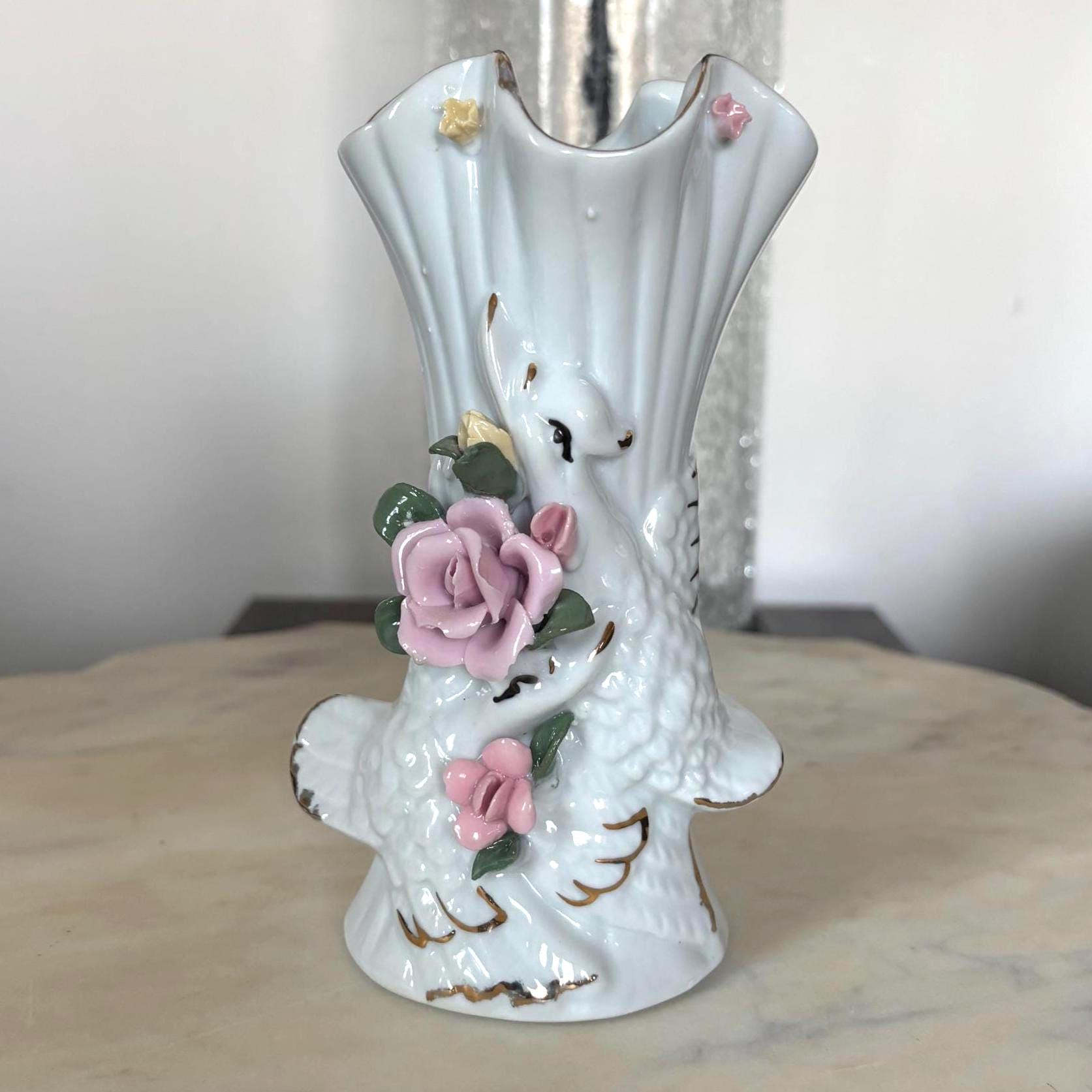 花と鳥の装飾陶器花器 陶器の白鳥の花瓶 - Etsy 日本