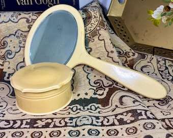Ivory Pyralin Vanity Set | Antique Celluloid Mirror & Powder Jar | Art Deco Bathroom Decor