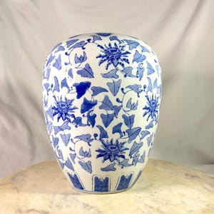 Blue and White Chinese Vase | Hand Painted Porcelain Ginger Jar | Large Floral Decor