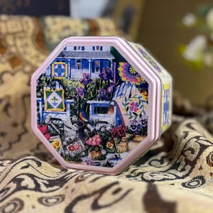 Diane Phalen Watercolor Tin – The Tin Box Company – Octagon Floral Camper Tin – Quilt Garden Storage – Vintage Container – Collectible Tin