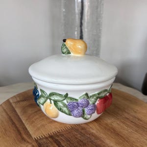 Vintage Lillian Vernon Colorful Fruit Lidded Jar | Hand-Painted Ceramic Storage Jar | Kitchen Decor | 5&quot; Tall